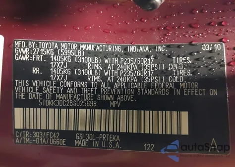 2011 Toyota Sienna Le V6 из США, поврежденный, VIN 5TDKK3DC2BS025698